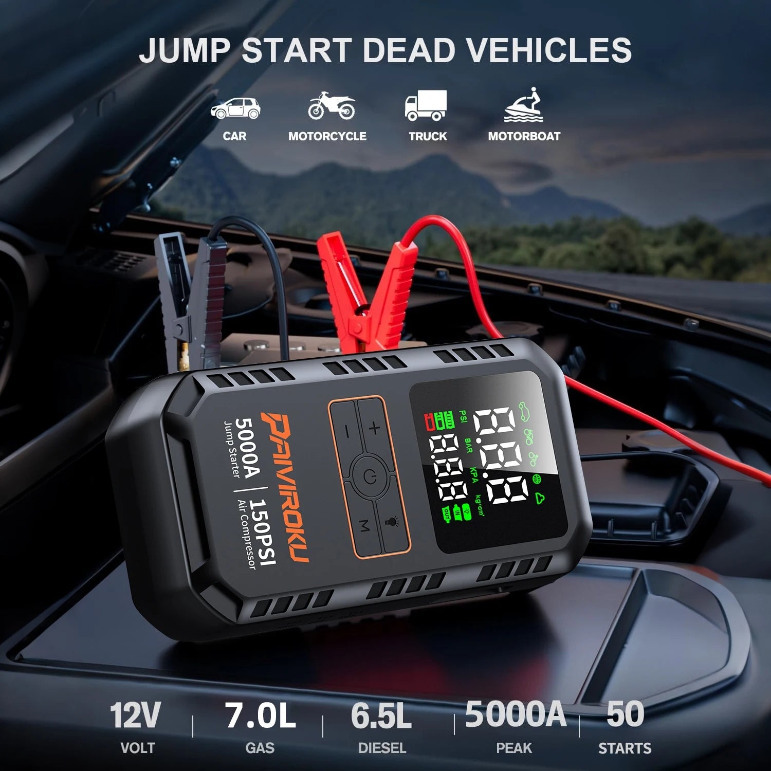 4-IN-1 Car Jump Starter with Air Compressor Peak 5000A Auto Battery Booster 150PSI Air Pump Portable Power Bank Tire Inflator