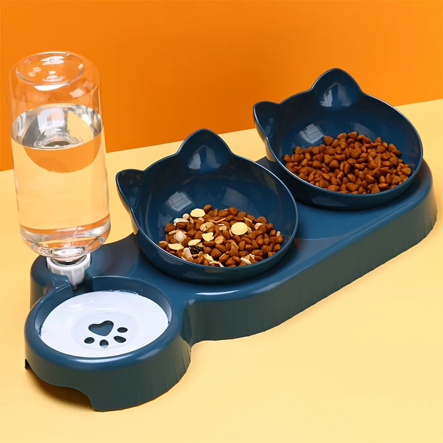 Cat Bowl Set With Gravity Water Bottle, 3 In 1 Ear Design Tilted  For Neck Protection