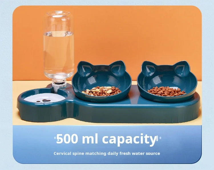 Cat Bowl Set With Gravity Water Bottle, 3 In 1 Ear Design Tilted  For Neck Protection