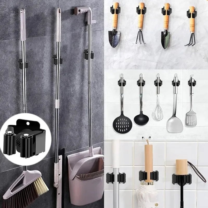 10/1x Stainless Steel Mop Broom Holder Wall Mounted Rust-Resistant Storage Hooks Bathroom Kitchen Garden Tools Organization Rack