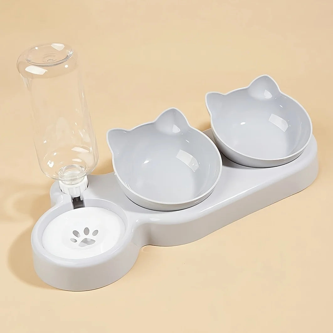 Cat Bowl Set With Gravity Water Bottle, 3 In 1 Ear Design Tilted  For Neck Protection