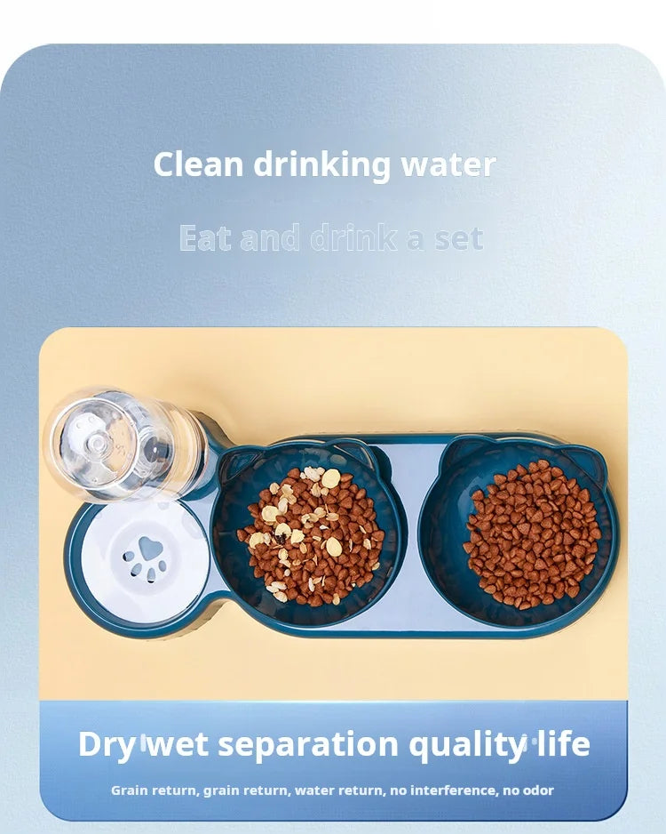 Cat Bowl Set With Gravity Water Bottle, 3 In 1 Ear Design Tilted  For Neck Protection