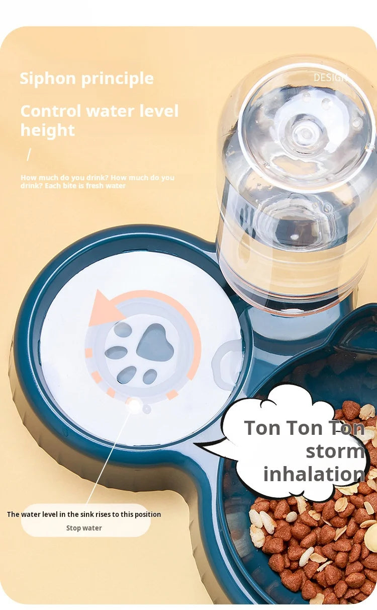 Cat Bowl Set With Gravity Water Bottle, 3 In 1 Ear Design Tilted  For Neck Protection