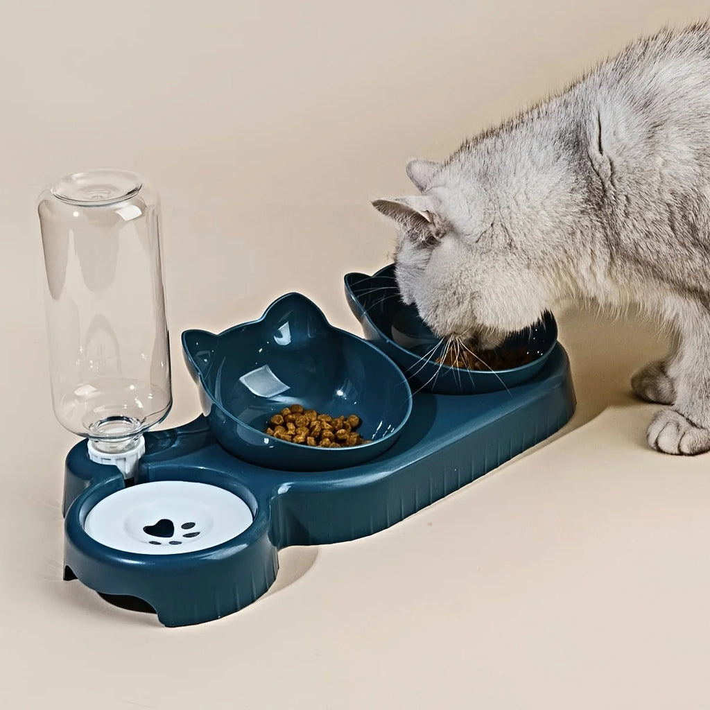 Cat Bowl Set With Gravity Water Bottle, 3 In 1 Ear Design Tilted  For Neck Protection