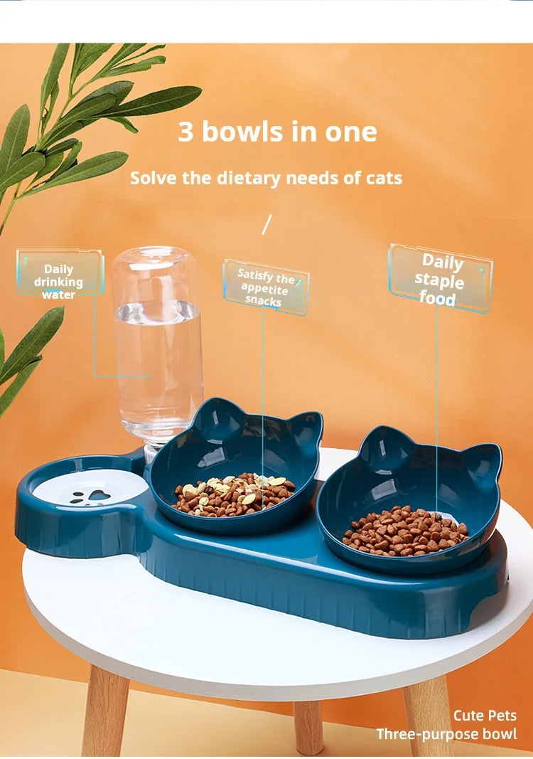 Cat Bowl Set With Gravity Water Bottle, 3 In 1 Ear Design Tilted  For Neck Protection