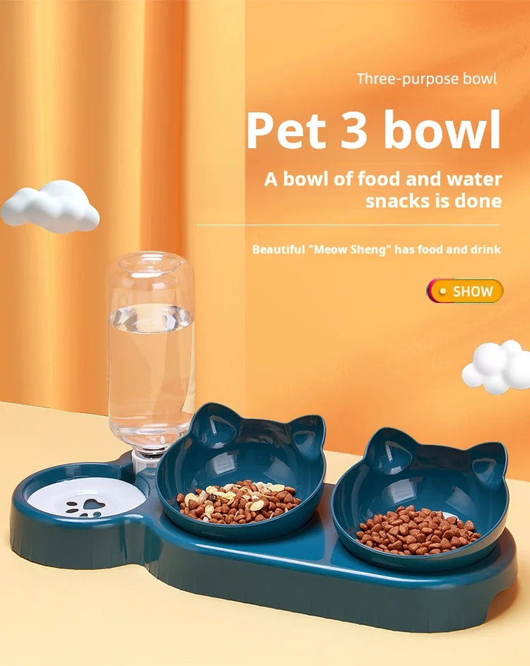 Cat Bowl Set With Gravity Water Bottle, 3 In 1 Ear Design Tilted  For Neck Protection