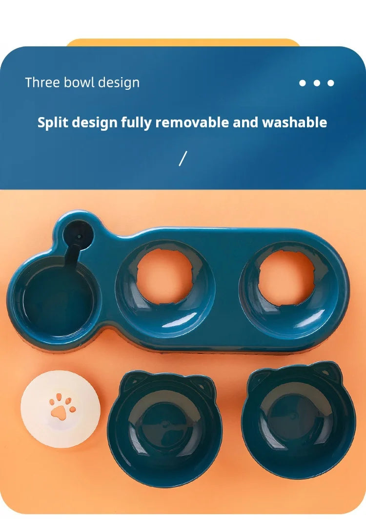 Cat Bowl Set With Gravity Water Bottle, 3 In 1 Ear Design Tilted  For Neck Protection