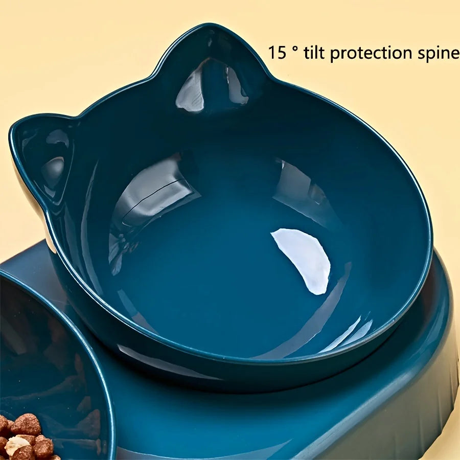 Cat Bowl Set With Gravity Water Bottle, 3 In 1 Ear Design Tilted  For Neck Protection