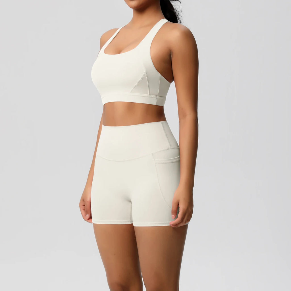 2PCS Sportswear With Pocketed Yoga Set Gym Clothes Yoga Suits For Women Tracksuits Sports Shorts Crossover Bra Gym Leggings