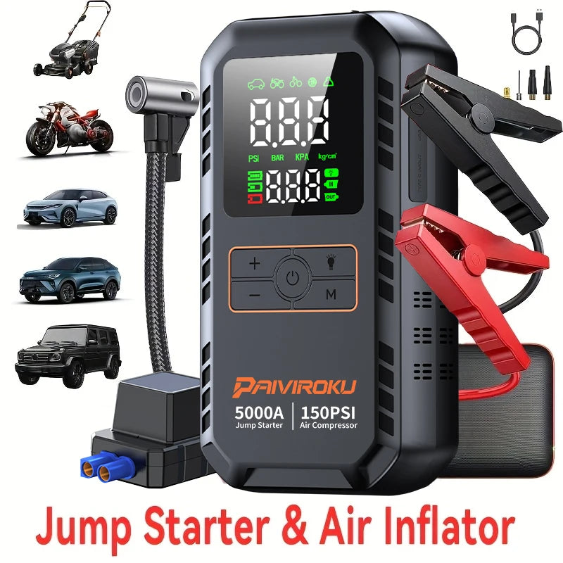 4-IN-1 Car Jump Starter with Air Compressor Peak 5000A Auto Battery Booster 150PSI Air Pump Portable Power Bank Tire Inflator